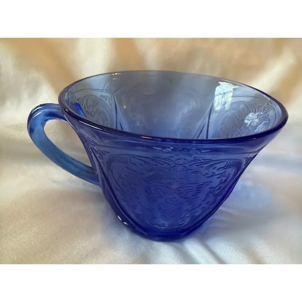 Vintage Cobalt Blue Pressed Glass Mug Cup Embossed Grape Pattern Depression
